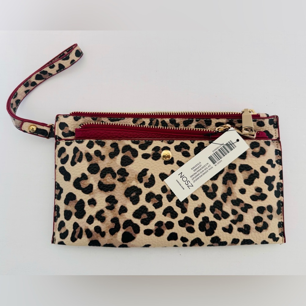 Chico's NOSZ Leopard Print Wristlet Wallet Two Piece Set Faux Leather New w Tags